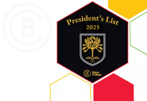 The President's seal in gold inside a black honeycomb, surrounded by honeycombs in Baker colors (yellow, red, white).