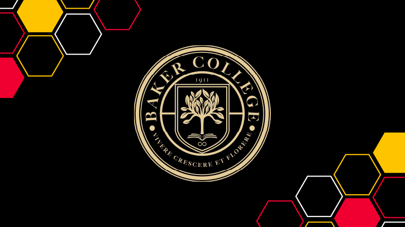 The Baker College Office of the President Seal in the center with decorative honeycombs at the upper left and bottom right corners in Baker College colors (red, gold, white, and black)
